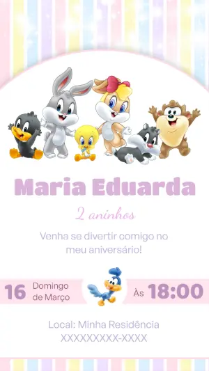 Convite Aniversário Baby Looney Tunes Editável Online