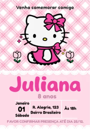 Convite de Aniversário Hello Kitty Rosa para Editar Online