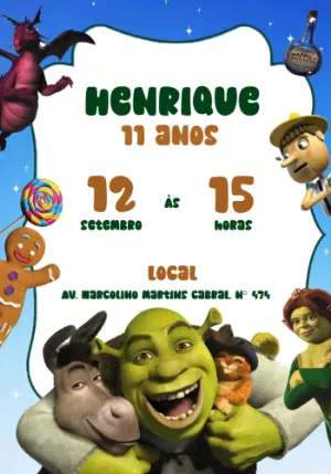 Convite Animado Aniversário Shrek com Personagens para Editar