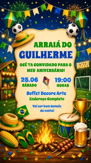 Convite de Aniversário Arraiá e Futebol Modelo Digital Editável