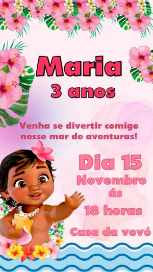 Convite Digital Moana Baby Tropical para Aniversário Editável