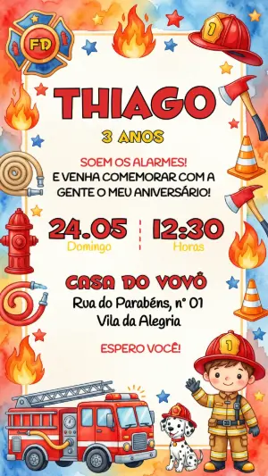 Convite de Aniversário Bombeiro Infantil Aquarela Editável