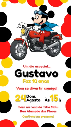 Convite Digital Aniversário Infantil Mickey Motoqueiro Editável