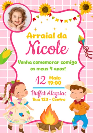 Convite Festa Junina Infantil com Foto para Editar