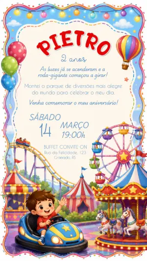 Convite de Aniversário Parque de Diversões para Menino Editável