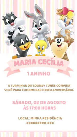 Convite Aniversário Baby Looney Tunes para Editar Online