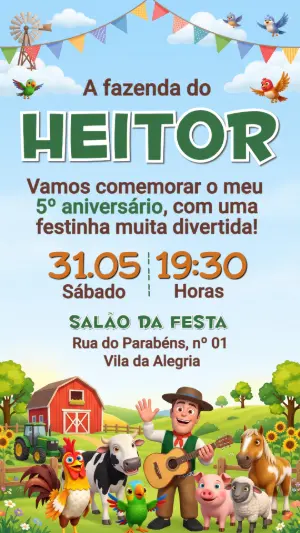 Convite de Aniversário Infantil Tema Fazendinha Zenon Editável