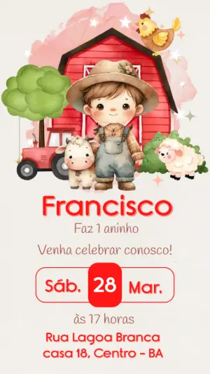 Convite de Aniversário Fazendinha Menino Modelo Editável
