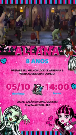 Convite Animado Monster High Rosa e Preto para Editar