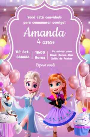 Convite Aniversário Frozen Cute com Elsa e Anna para Editar