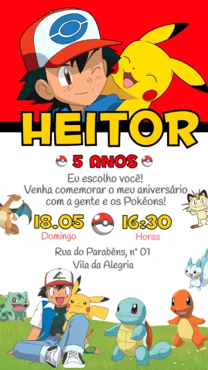 Convite de Aniversário Pokémon com Pikachu e Ash para Editar