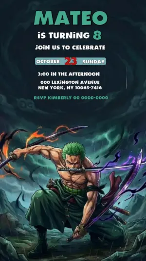 Animated Zoro One Piece Birthday Video Invitation Template