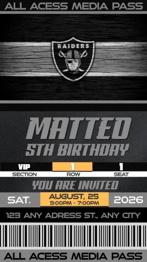 American Football Ticket Birthday Invitation Raiders - Editable Template