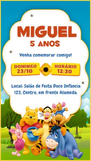 Convite de Aniversário Ursinho Pooh e Turma Reunida para Editar