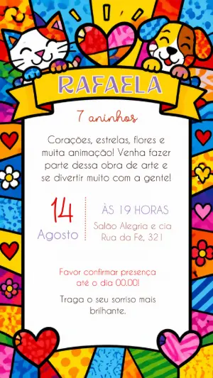Convite de Aniversário Arte Pop com Pets para Editar Online