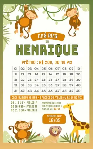 Chá Rifa Safari Editável com Animais da Selva para Imprimir