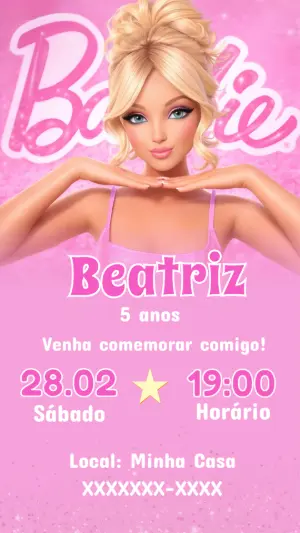 Convite Digital Barbie Rosa com Glitter para Editar Online