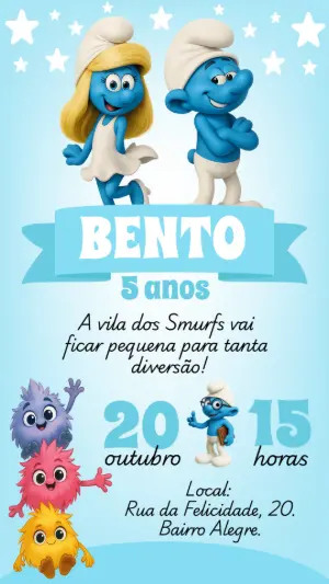 Convite de Aniversário Smurfs com Personagens para Editar