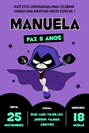 Convite de Aniversário Jovens Titãs Ravena Roxo para Editar
