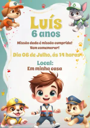 Convite de Aniversário Patrulha Canina com Filhotes para Editar