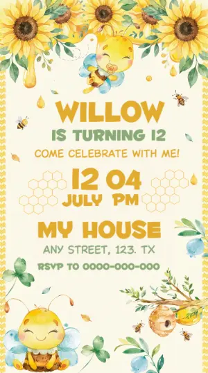 Bee & Sunflower Birthday Invitation Editable Template