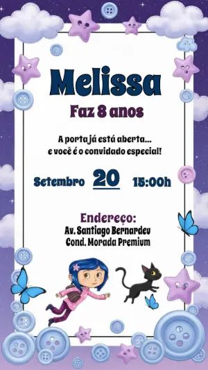 Convite de Aniversário Coraline para Editar e Imprimir