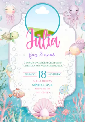 Convite de Aniversário Fundo do Mar Menina Editável