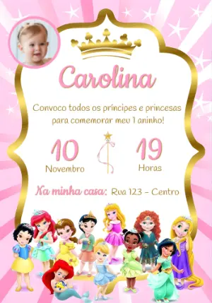 Convite Aniversário Princesas Baby com Foto para Editar Online