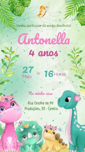 Convite Aniversário Dinossauro Baby Menina para Editar Online