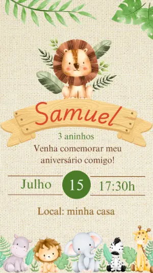 Convite Aniversário Safari com Animais para Editar Online