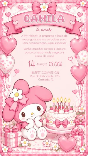 Convite Digital My Melody Aniversário Rosa Editável