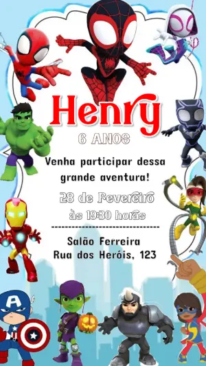 Convite de Aniversário Spidey e Amigos Heróis Modelo Editável