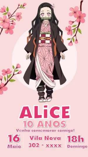 Convite de Aniversário Demon Slayer com Nezuko para Editar