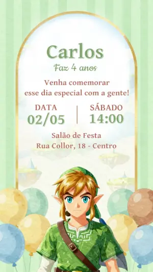Convite Digital Aniversário Infantil Tema Zelda Editável