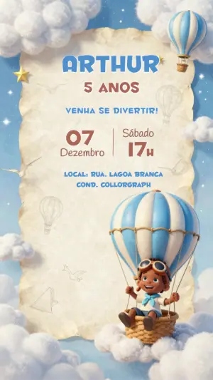 Convite de Aniversário Infantil Balão Aventureiro Editável