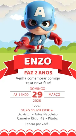 Convite de Aniversário Capitão América Fofo Editável
