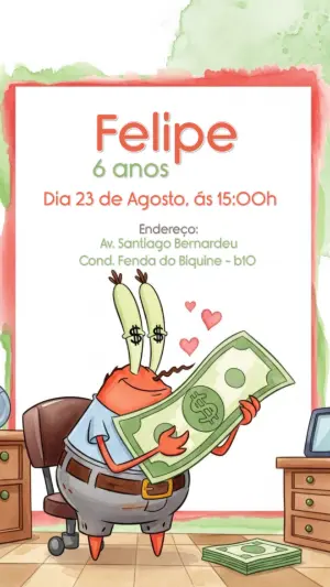 Convite de Aniversário Bob Esponja Seu Siriguejo para Editar