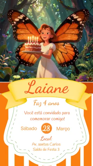 Convite de Aniversário Fada Borboleta Laranja Modelo Editável