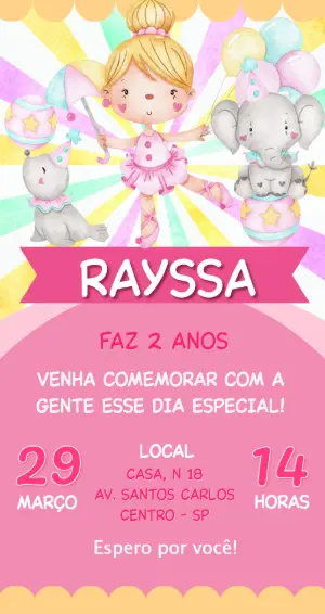 Convite de Aniversário Circo Rosa Aquarela para Editar