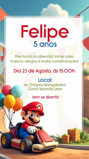 Convite de Aniversário Mario Kart para Editar Online