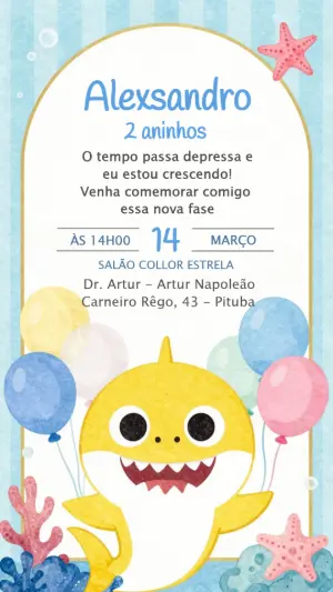 Convite de Aniversário Baby Shark Fundo do Mar para Editar