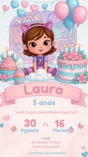 Convite Digital Aniversário Menina Tema Gatinha para Editar