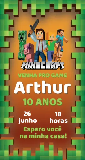 Convite de Aniversário Infantil Minecraft para Editar
