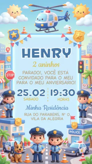 Convite de Aniversário Policial Infantil 3D para Editar