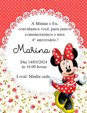 Convite de Aniversário Minnie Vermelha Poá e Floral Editável