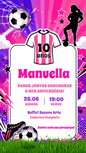 Convite Animado Aniversário Futebol Feminino Rosa para Editar