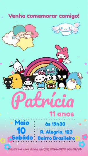 Convite Animado Aniversário Hello Kitty e Amigos para Editar