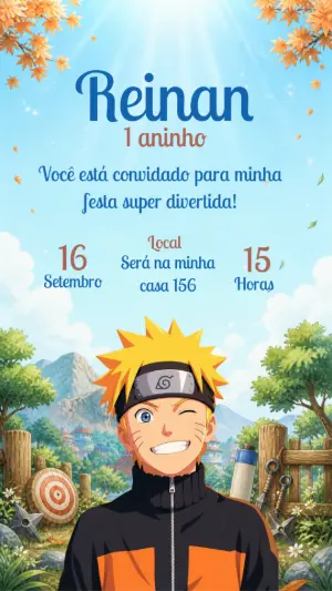 Convite de Aniversário Naruto Editável para Menino