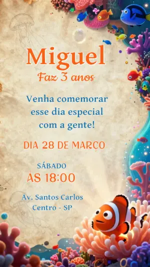 Convite de Aniversário Fundo do Mar com Peixes Modelo Editável