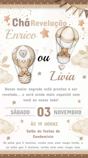 Convite Digital Chá Revelação Ursinhos no Balão Editável